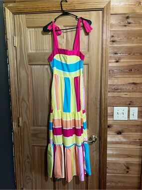 SHEIN Multicolor Stripe Tie-Shoulder Maxi Dress in Pink, Yellow & Blue